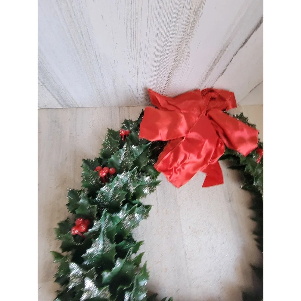 Vintage plastic faux wreath glitter Holly red bow Xmas hanging home decor unique